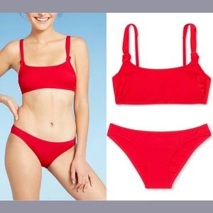 NWT 2PC Set Xhilaration [ Medium ] Ribbed Knotted Top + Cheeky Bikini Bottom Red